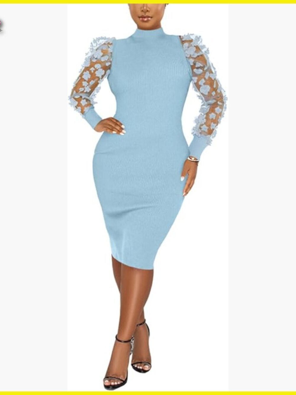 Sheer Mesh Bodycon Dress Elegant Mock Neck Puff Sleeve Midi Clubwear